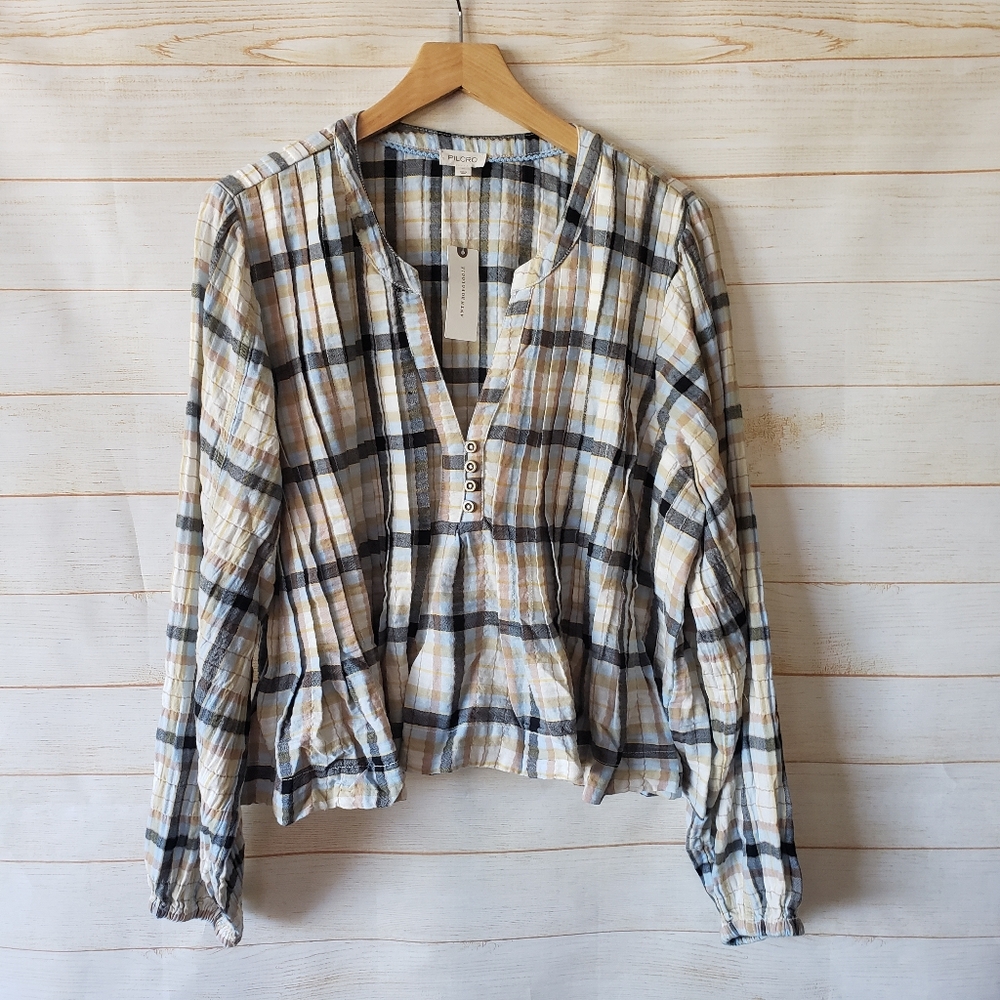 Pilcro Long Sleeve Pleated Plaid Relaxed Swing Blouse Size XL Cotton Elastane - Picture 5 of 15